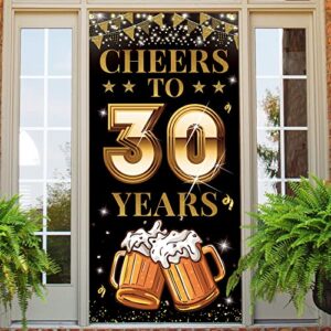 cheers to 30 years door banner, 30th birthday decorations for men women, black gold 30th anniversary, 30 year class reunion party decoration backdrop yard sign for outdoor indoor, fabric, vicycaty
