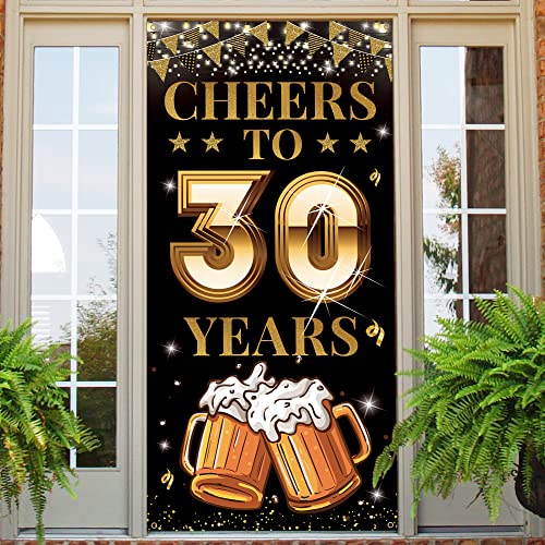 Cheers to 30 Years Door Banner, 30th Birthday Decorations for Men Women, Black Gold 30th Anniversary, 30 Year Class Reunion Party Decoration Backdrop Yard Sign for Outdoor Indoor, Fabric, Vicycaty