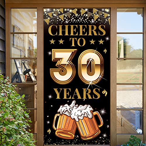 Cheers to 30 Years Door Banner, 30th Birthday Decorations for Men Women, Black Gold 30th Anniversary, 30 Year Class Reunion Party Decoration Backdrop Yard Sign for Outdoor Indoor, Fabric, Vicycaty