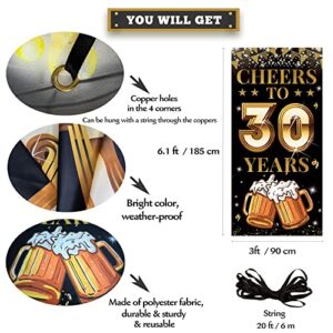 Cheers to 30 Years Door Banner, 30th Birthday Decorations for Men Women, Black Gold 30th Anniversary, 30 Year Class Reunion Party Decoration Backdrop Yard Sign for Outdoor Indoor, Fabric, Vicycaty