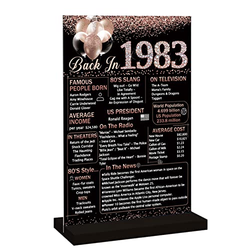 Vlipoeasn 40th Birthday Anniversary Table Decoration 1983 Poster for Women, Rose Gold Back in 1983 Acrylic Table Sign with Wooden Stand, 40 Year Old Birthday Party Centerpieces Gift Supplies