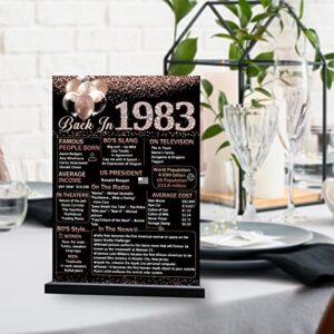 Vlipoeasn 40th Birthday Anniversary Table Decoration 1983 Poster for Women, Rose Gold Back in 1983 Acrylic Table Sign with Wooden Stand, 40 Year Old Birthday Party Centerpieces Gift Supplies