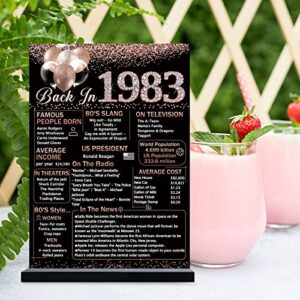 Vlipoeasn 40th Birthday Anniversary Table Decoration 1983 Poster for Women, Rose Gold Back in 1983 Acrylic Table Sign with Wooden Stand, 40 Year Old Birthday Party Centerpieces Gift Supplies