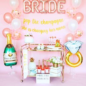 Bachelorette Party Decorations Kit | Bridal Shower Supplies | Bride to Be Sash, Ring Foil, Rose Balloons, Glitter Banner | Pop The Champagne She is Changing Her Name (Gold)