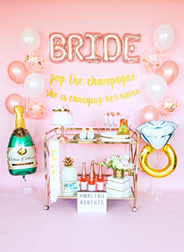 Bachelorette Party Decorations Kit | Bridal Shower Supplies | Bride to Be Sash, Ring Foil, Rose Balloons, Glitter Banner | Pop The Champagne She is Changing Her Name (Gold)