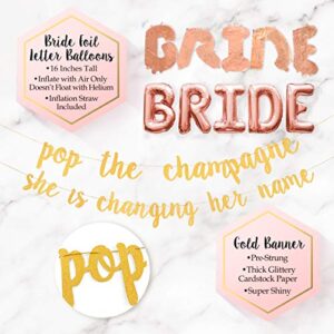 Bachelorette Party Decorations Kit | Bridal Shower Supplies | Bride to Be Sash, Ring Foil, Rose Balloons, Glitter Banner | Pop The Champagne She is Changing Her Name (Gold)