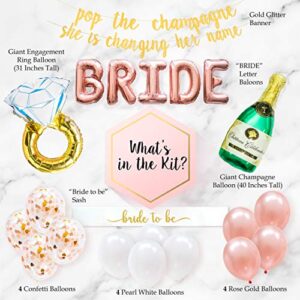 Bachelorette Party Decorations Kit | Bridal Shower Supplies | Bride to Be Sash, Ring Foil, Rose Balloons, Glitter Banner | Pop The Champagne She is Changing Her Name (Gold)