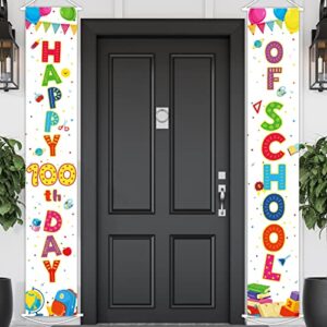 happy 100th day of school porch banner door decorations, 100 days porch sign for kindergarten primary school preschool celebrate 100th day party supplies favors (white)