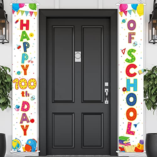 Happy 100th Day of School Porch Banner Door Decorations, 100 Days Porch Sign for Kindergarten Primary School Preschool Celebrate 100th Day Party Supplies Favors (White)