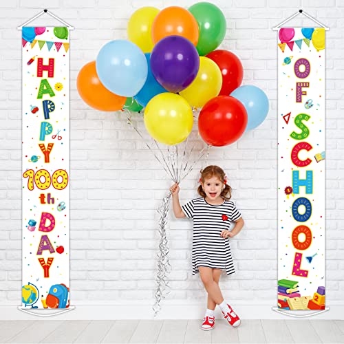 Happy 100th Day of School Porch Banner Door Decorations, 100 Days Porch Sign for Kindergarten Primary School Preschool Celebrate 100th Day Party Supplies Favors (White)