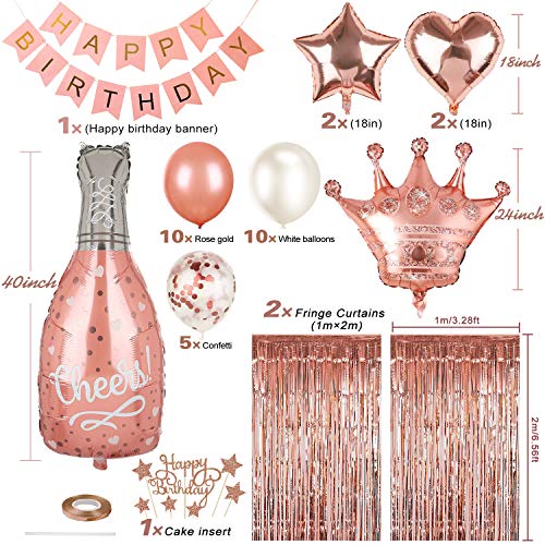 Rose Gold Party Decorations Set,Happy Birthday Confetti Balloons with DIY Cake Topper, Banner, Fringe Curtain,Champagne Foil Balloons,Star Heart Foil Balloons,Crown Balloons for Birthday Supplies