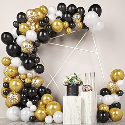 Balloon Arch Kit Garland Decorations - 124 pcs Latex Black White Gold Confetti Balloons 16ft, Oh Baby Theme, Bridal Shower Birthday Wedding Graduation Bachelorette Anniversary Party Backdrop DIY Décor