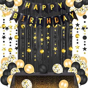 black and gold birthday party decoration for men women- happy birthday banner, glitter circle dot garland streamer, fringe curtain, foil tablecloth and balloons party for women men black gold birthday party