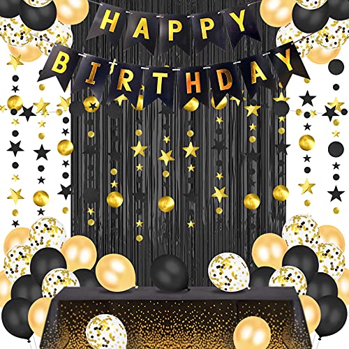 Black and Gold Birthday Party Decoration for Men Women- Happy Birthday Banner, Glitter Circle Dot Garland Streamer, Fringe Curtain, Foil Tablecloth and Balloons Party for Women Men Black Gold Birthday Party