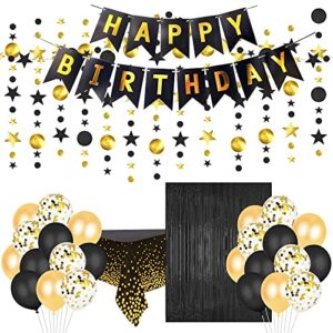 Black and Gold Birthday Party Decoration for Men Women- Happy Birthday Banner, Glitter Circle Dot Garland Streamer, Fringe Curtain, Foil Tablecloth and Balloons Party for Women Men Black Gold Birthday Party