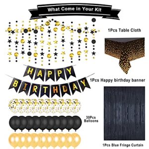 Black and Gold Birthday Party Decoration for Men Women- Happy Birthday Banner, Glitter Circle Dot Garland Streamer, Fringe Curtain, Foil Tablecloth and Balloons Party for Women Men Black Gold Birthday Party