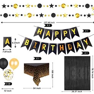 Black and Gold Birthday Party Decoration for Men Women- Happy Birthday Banner, Glitter Circle Dot Garland Streamer, Fringe Curtain, Foil Tablecloth and Balloons Party for Women Men Black Gold Birthday Party