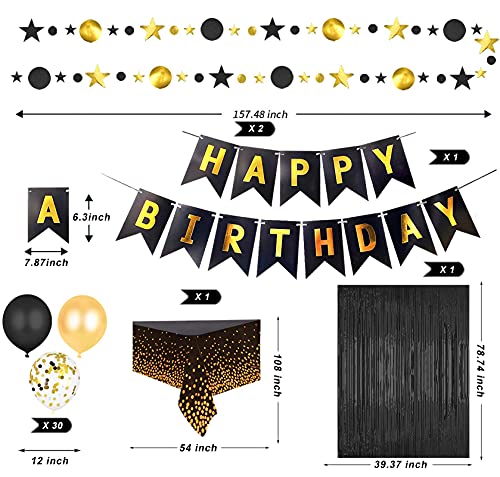 Black and Gold Birthday Party Decoration for Men Women- Happy Birthday Banner, Glitter Circle Dot Garland Streamer, Fringe Curtain, Foil Tablecloth and Balloons Party for Women Men Black Gold Birthday Party