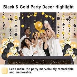 Black and Gold Birthday Party Decoration for Men Women- Happy Birthday Banner, Glitter Circle Dot Garland Streamer, Fringe Curtain, Foil Tablecloth and Balloons Party for Women Men Black Gold Birthday Party