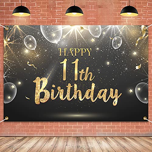 HAMIGAR 6x4ft Happy 11th Birthday Giltter Shinning Banner Backdrop - 11 Years Old Birthday Decorations Party Supplies for Girls Boys - Black Gold