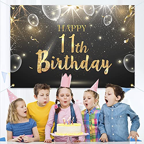 HAMIGAR 6x4ft Happy 11th Birthday Giltter Shinning Banner Backdrop - 11 Years Old Birthday Decorations Party Supplies for Girls Boys - Black Gold