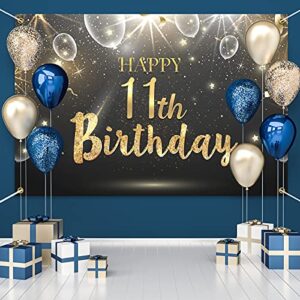 HAMIGAR 6x4ft Happy 11th Birthday Giltter Shinning Banner Backdrop - 11 Years Old Birthday Decorations Party Supplies for Girls Boys - Black Gold