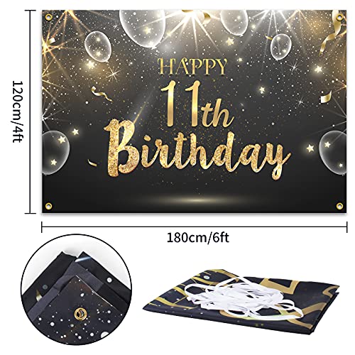 HAMIGAR 6x4ft Happy 11th Birthday Giltter Shinning Banner Backdrop - 11 Years Old Birthday Decorations Party Supplies for Girls Boys - Black Gold