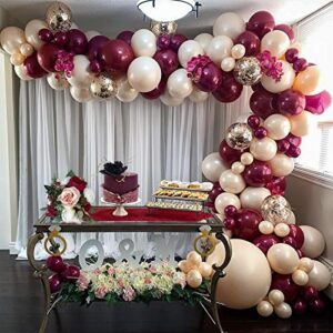 wine burgundy balloon garland kit, 12″ 5″ burgundy balloons gold confetti balloon 16 feet balloon strip tape set for burgundy theme party wedding decorations