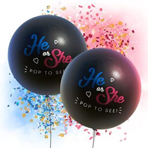 gender reveal balloon 36″ – two sets of designed, sphere balloons with 2 packs pink and blue confetti for boy or girl baby reveal (pink & blue)