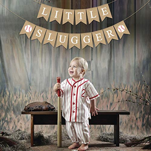 Jute Burlap Little Slugger Banner Boy Baseball Theme Baby Shower Party Decoration Supply
