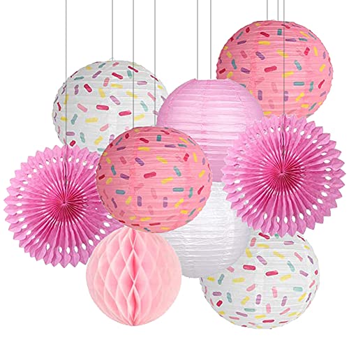 Famolay Donut Paper Lanterns Decorative, 9PCS Pink Party Decorations Paper Fans Honeycomb Ball Ice Cream Decor Birthday Supplies Hanging Lanterns Lamps for Kids Baby Shower