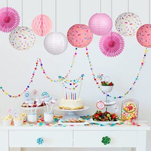 Famolay Donut Paper Lanterns Decorative, 9PCS Pink Party Decorations Paper Fans Honeycomb Ball Ice Cream Decor Birthday Supplies Hanging Lanterns Lamps for Kids Baby Shower