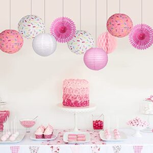 Famolay Donut Paper Lanterns Decorative, 9PCS Pink Party Decorations Paper Fans Honeycomb Ball Ice Cream Decor Birthday Supplies Hanging Lanterns Lamps for Kids Baby Shower