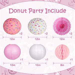 Famolay Donut Paper Lanterns Decorative, 9PCS Pink Party Decorations Paper Fans Honeycomb Ball Ice Cream Decor Birthday Supplies Hanging Lanterns Lamps for Kids Baby Shower