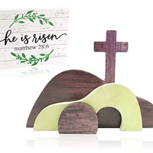 Ahzemepinyo Easter Resurrection Scene Set  He is Risen Wooden Tabletop Centerpieces Decorations The Tomb was Empty Signs for Jesus Easter Home Holiday Table Décor