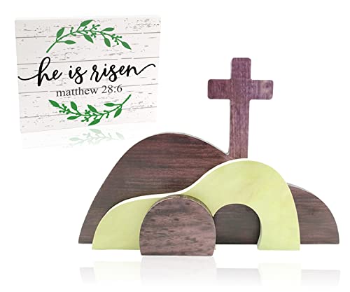 Ahzemepinyo Easter Resurrection Scene Set  He is Risen Wooden Tabletop Centerpieces Decorations The Tomb was Empty Signs for Jesus Easter Home Holiday Table Décor