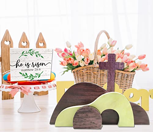 Ahzemepinyo Easter Resurrection Scene Set  He is Risen Wooden Tabletop Centerpieces Decorations The Tomb was Empty Signs for Jesus Easter Home Holiday Table Décor