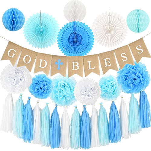 Baptism Decorations for Boy - First Communion Decor - God Bless High Quality Burlap Banner With Blue Cross, Honeycomb, Paper fan, Paper Tassel, Pompoms - Bautizo Decorations By Antsik'Aby