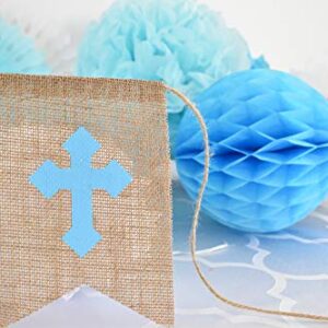 Baptism Decorations for Boy - First Communion Decor - God Bless High Quality Burlap Banner With Blue Cross, Honeycomb, Paper fan, Paper Tassel, Pompoms - Bautizo Decorations By Antsik'Aby