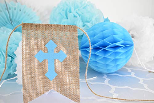 Baptism Decorations for Boy - First Communion Decor - God Bless High Quality Burlap Banner With Blue Cross, Honeycomb, Paper fan, Paper Tassel, Pompoms - Bautizo Decorations By Antsik'Aby