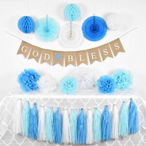 Baptism Decorations for Boy - First Communion Decor - God Bless High Quality Burlap Banner With Blue Cross, Honeycomb, Paper fan, Paper Tassel, Pompoms - Bautizo Decorations By Antsik'Aby