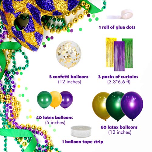 110 Pack Mardi Gras Balloons Party Decorations Purple Green Gold Balloon Garland Arch Kit Fringe Curtains for Mardi Gras Birthday Baby Shower Decorations Supplies