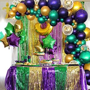 110 Pack Mardi Gras Balloons Party Decorations Purple Green Gold Balloon Garland Arch Kit Fringe Curtains for Mardi Gras Birthday Baby Shower Decorations Supplies
