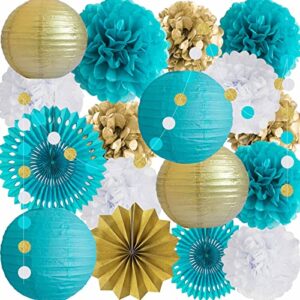 ANSOMO Teal Blue and Gold Party Decorations Turquoise Aqua Paper Fans Lanterns Tissue Pom Poms Bridal Baby Shower Birthday Wall Hanging Decor Wedding Graduation