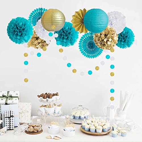ANSOMO Teal Blue and Gold Party Decorations Turquoise Aqua Paper Fans Lanterns Tissue Pom Poms Bridal Baby Shower Birthday Wall Hanging Decor Wedding Graduation