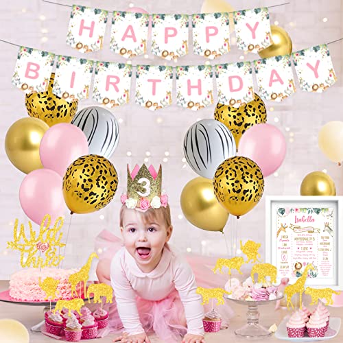 Young Wild and Three Decorations Girls, Party Inspo Safari Birthday 3rd Girl, Boho Floral Jungle Theme Third, Supplies Kit, Banner Backdrop Cake Toppers Balloon Arch Poster Crown, Pink