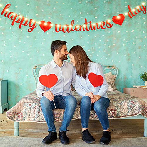 Happy Valentine’s Day Banner Red Glitter Heart Valentines Day Banner with 8 Shiny Molds Light String Valentines Garland Bunting Banner Supplies for Dating Holiday Party Decoration