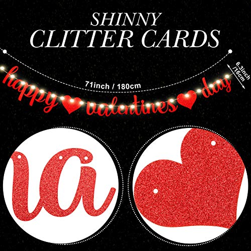 Happy Valentine’s Day Banner Red Glitter Heart Valentines Day Banner with 8 Shiny Molds Light String Valentines Garland Bunting Banner Supplies for Dating Holiday Party Decoration