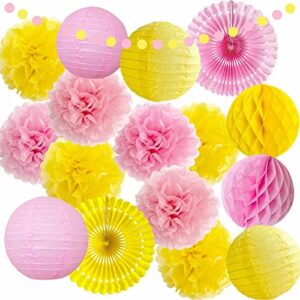 ansomo pink and yellow party decorations lemon birthday bridal baby shower lemonade sunshine wedding wall hanging décor tissue pom poms paper fans lanterns