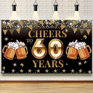 cheers to 60 years backdrop banner, happy 60th birthday decorations for men women, 60th anniversary decorations, 60th reunion, black gold 60 years celebration party decor, vicycaty (6.1ft x 3.6ft)